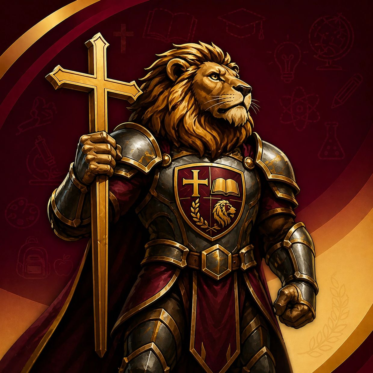 A lion-headed knight in golden armor holding a large cross, symbolizing strength and faith.