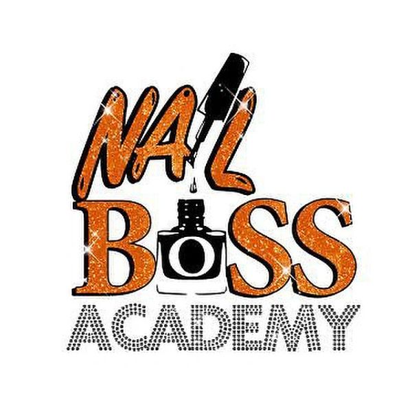 Logo of Nail Boss Academy with glittery orange and black design.