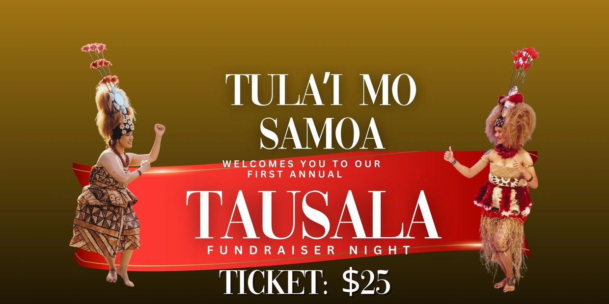 Two Samoan dancers flank a red banner promoting the Tausala fundraiser night.