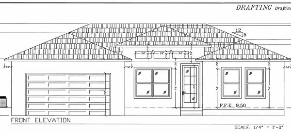 Architectural front elevation drawing of a single-story house with garage and windows.
