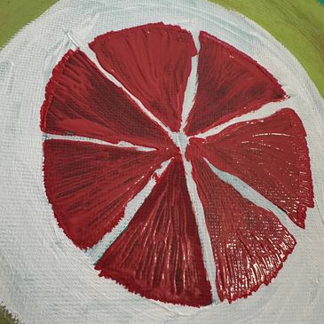 Abstract painting resembling a red citrus fruit on a white background.