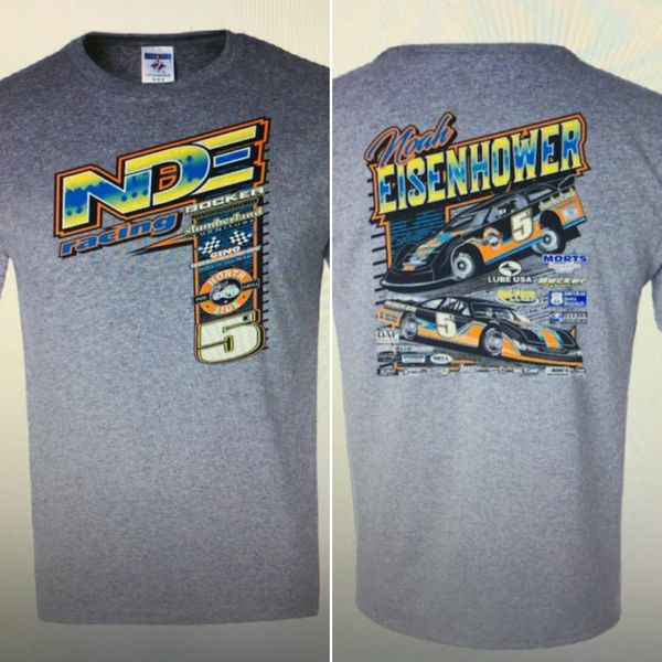Gray racing T-shirt featuring Noah Eisenhower's car and number 5 graphics.