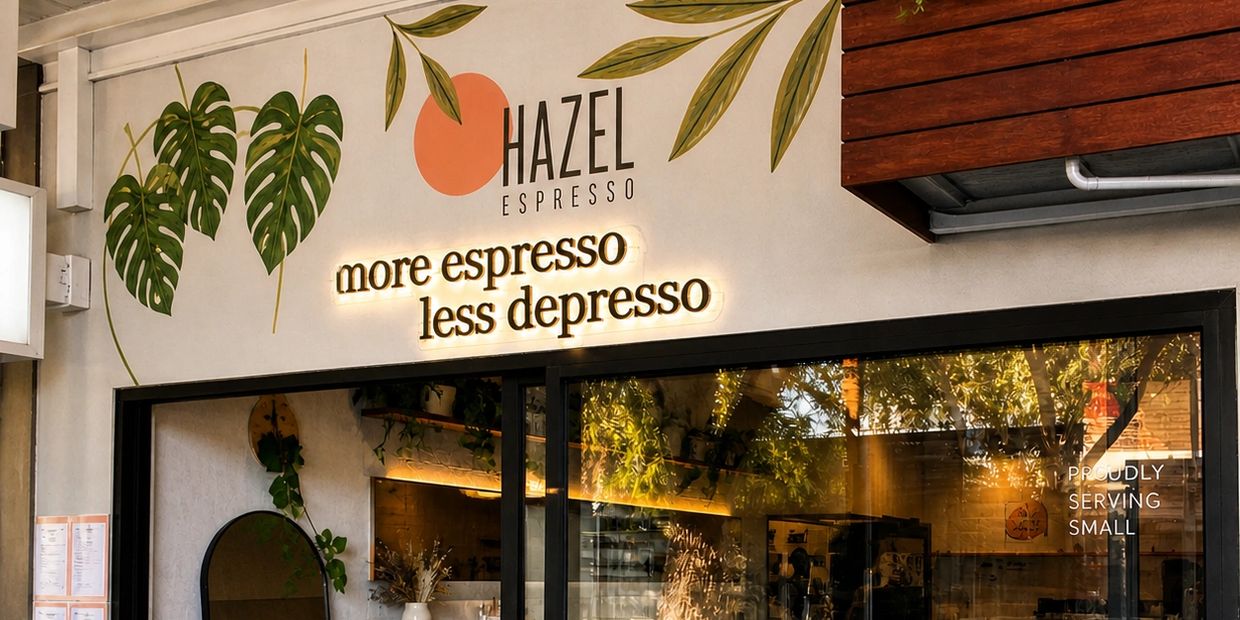 Cafe front with sign "more espresso less depresso" at Hazel Espresso.