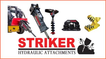 Advertisement for Striker Hydraulic Attachments showing various machinery parts.