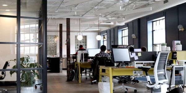 Modern open office space with employees working at desks and natural light from large windows.