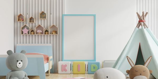 Bright and playful kids' room with toys, a teepee, and a cozy bed.