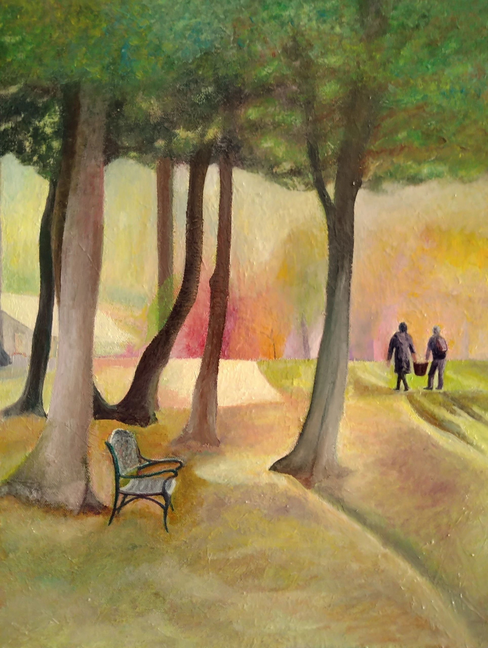 Image of two figures in forest setting foraging for wild herbs and mushrooms.