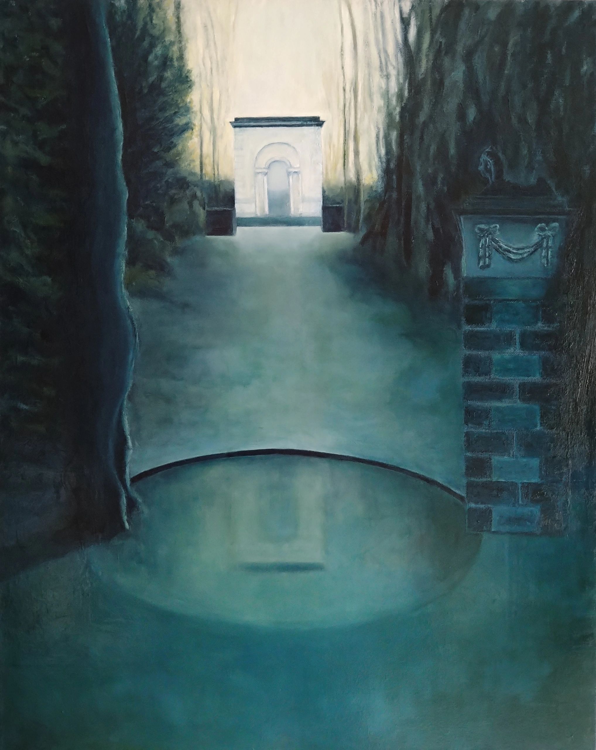 Re imagined landscape with gateway motif and Sphinx, trees, water reflection using a limited palette