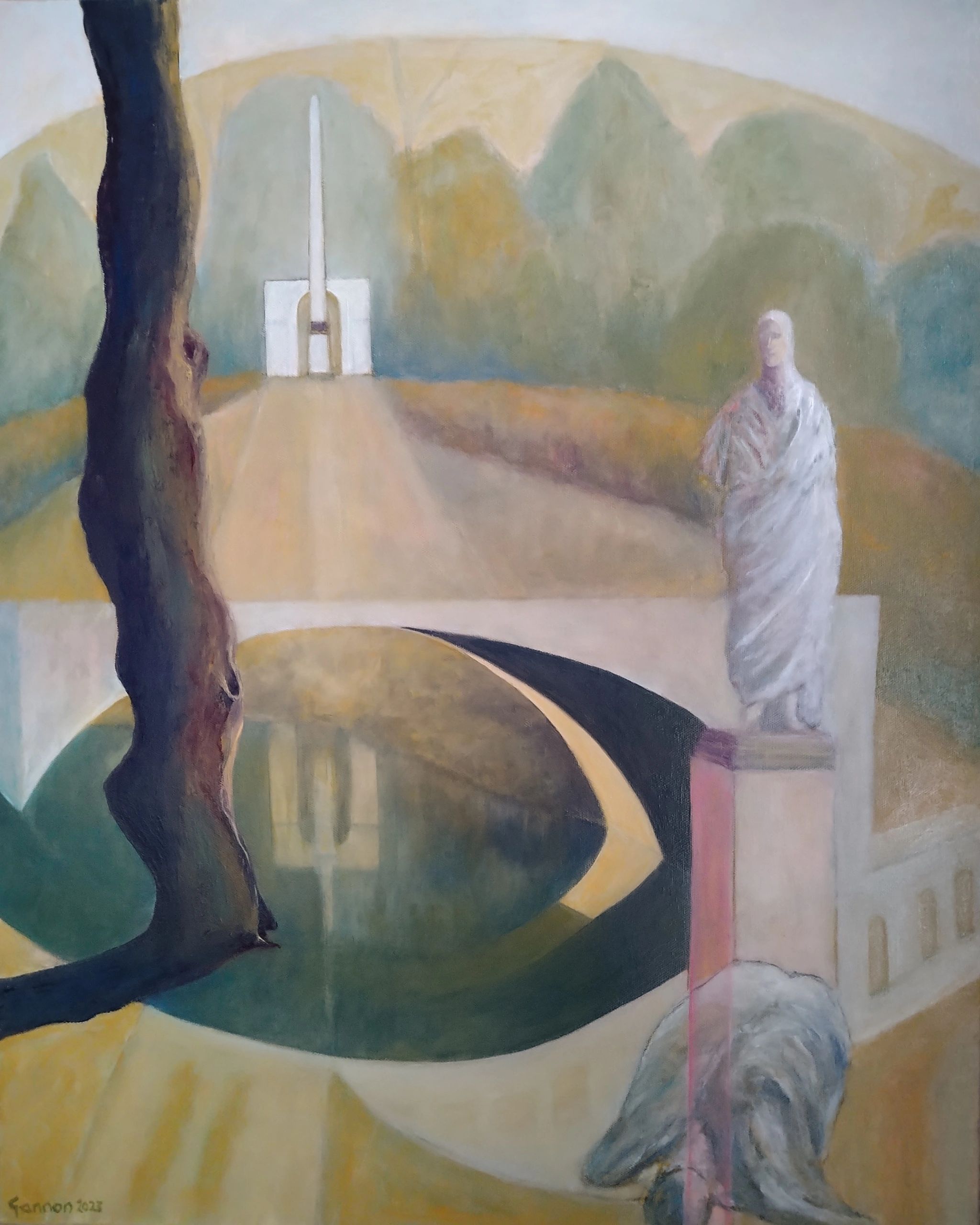 Re imagined landscape with bridge, obelisk and statue, tress and water reflection 