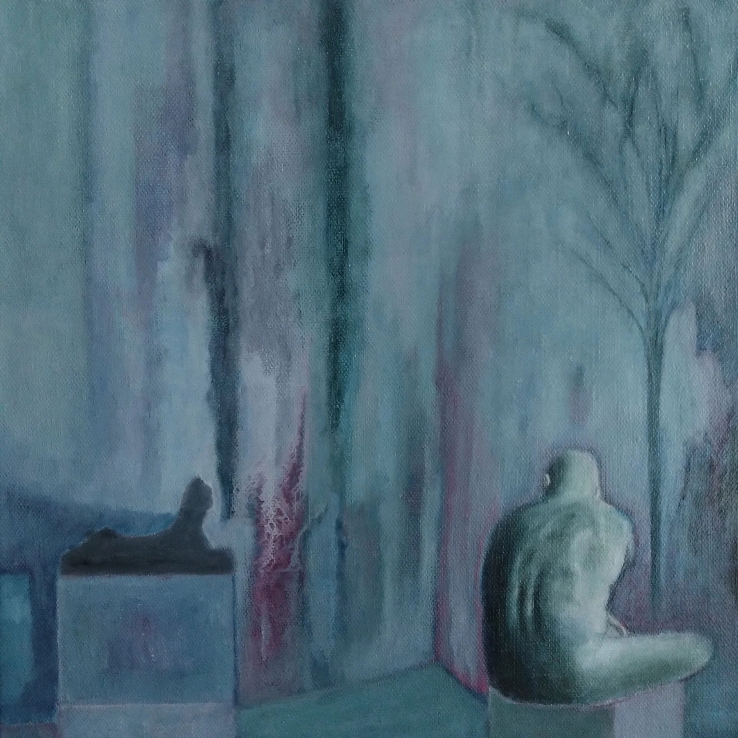 Image of male figure with back to the viewer and a sphinx in an abstract landscape.