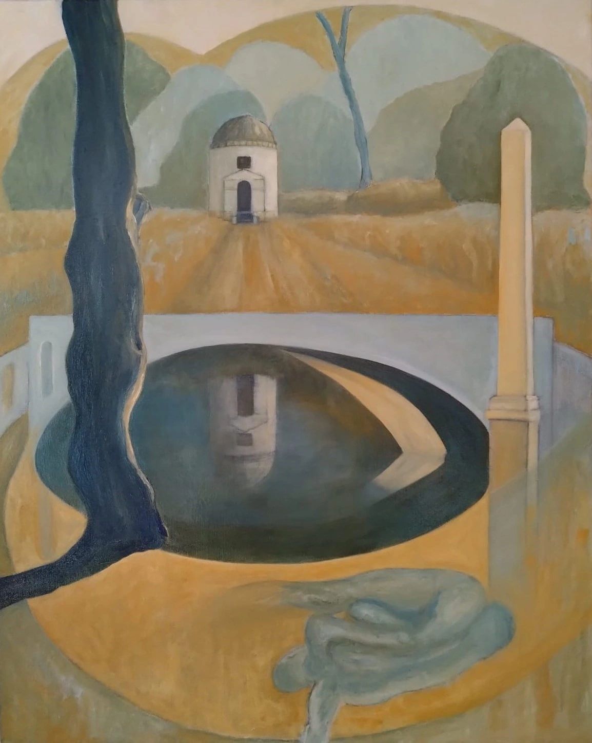 Re imagined landscape with Greek temple, obelisk, trees, water reflection using a limited palette