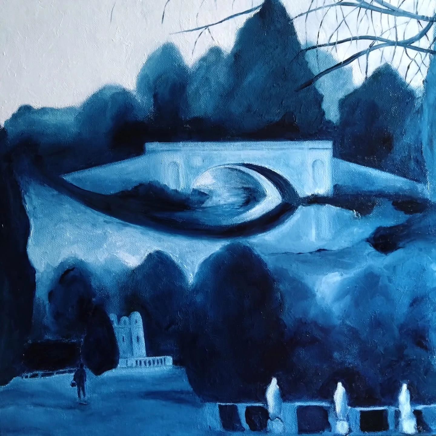 Re-imagined landscape with bridge, trees, using limited palette of blue.