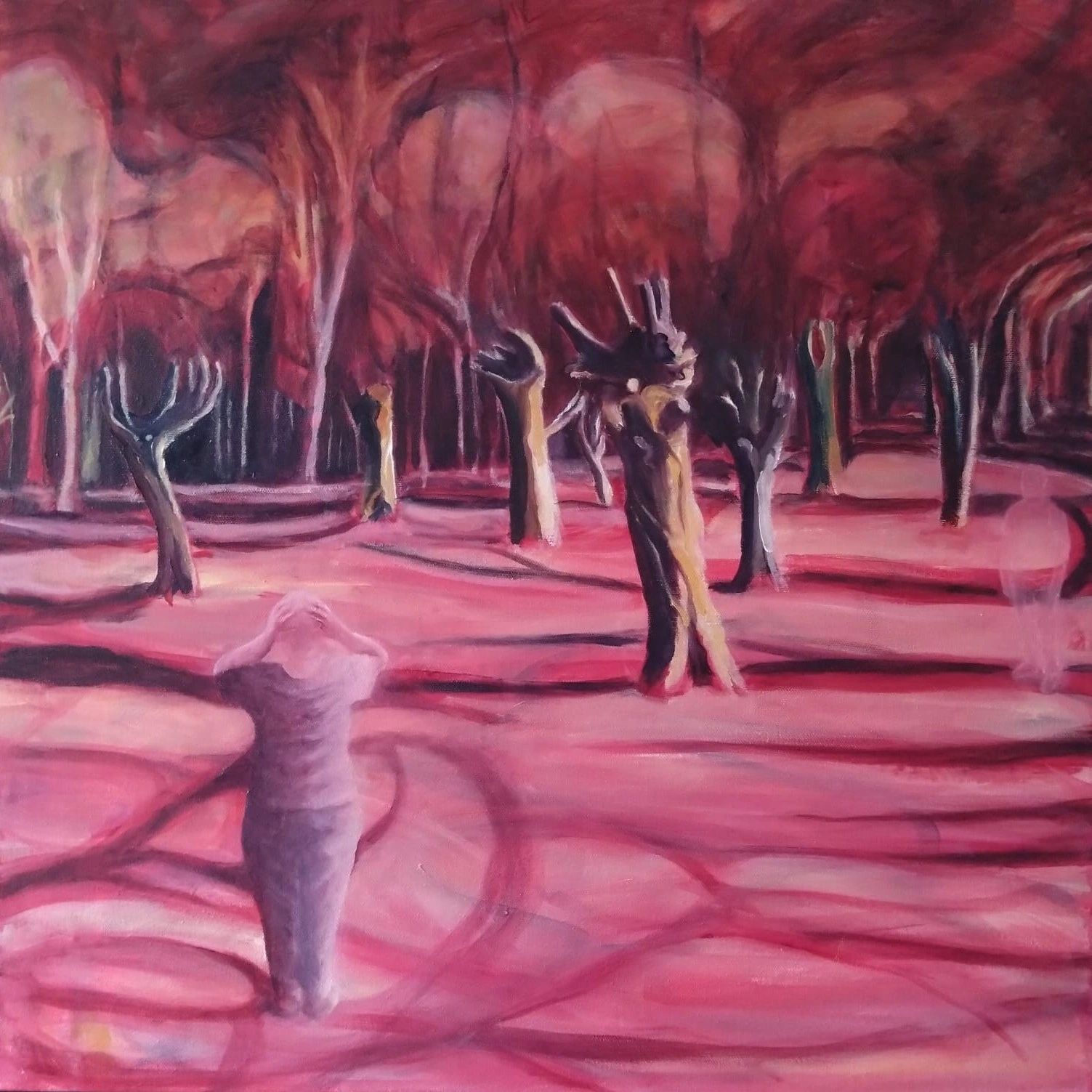 Re-imagined semi-abstract view of woodland with rear view of female figure and ghostly figure. 