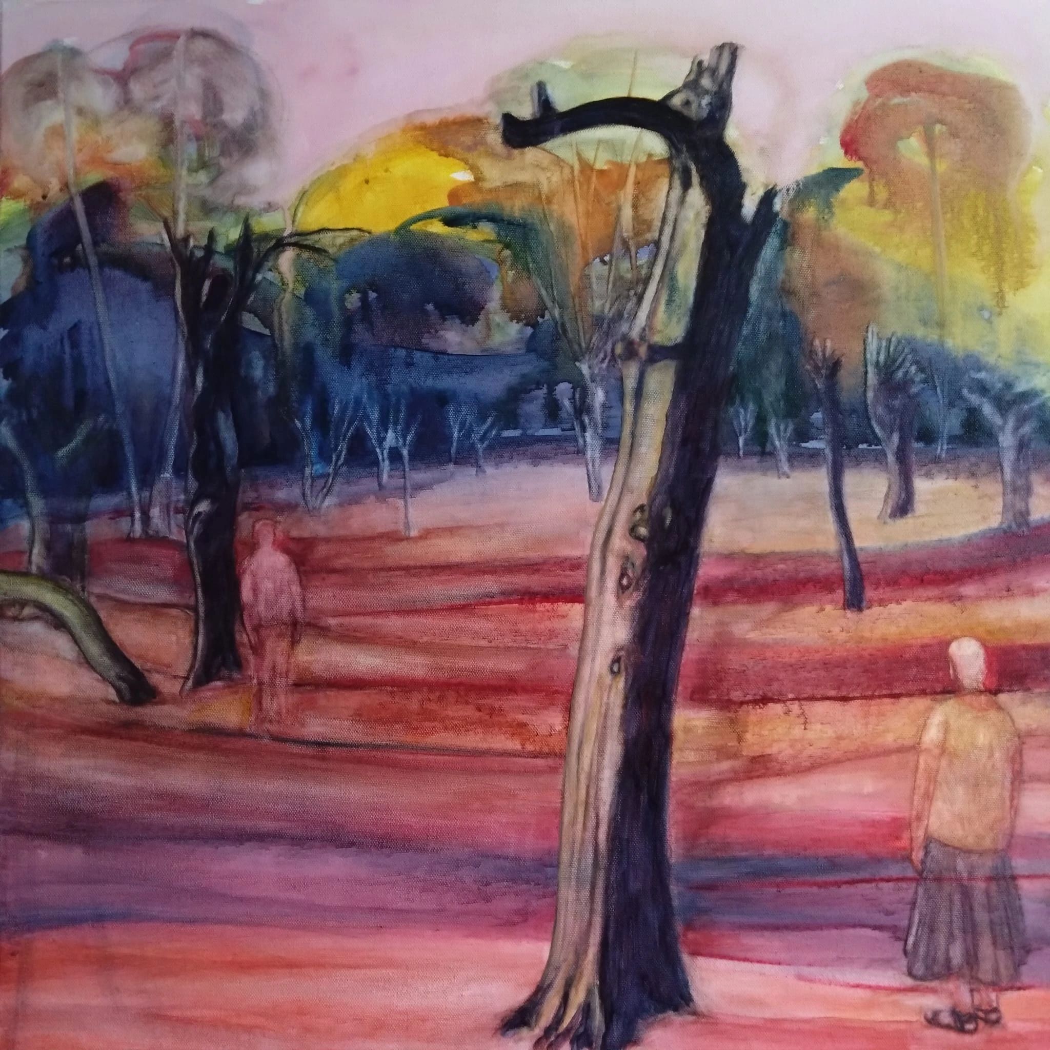 Re-imagined semi-abstract view of woodland with rear view of female figure and ghostly figure. 