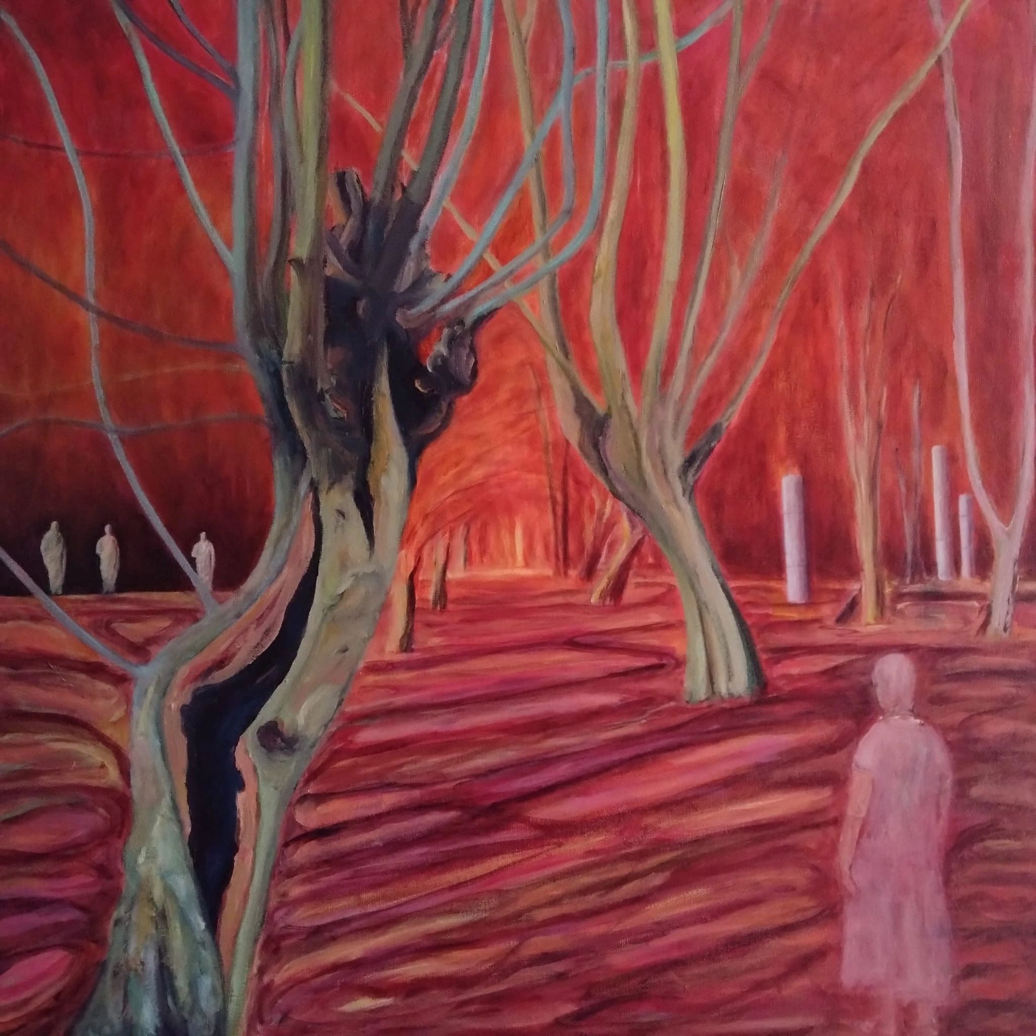 Re-imagined semi-abstract view of woodland with rear view of female figure,  statues and pillars. 