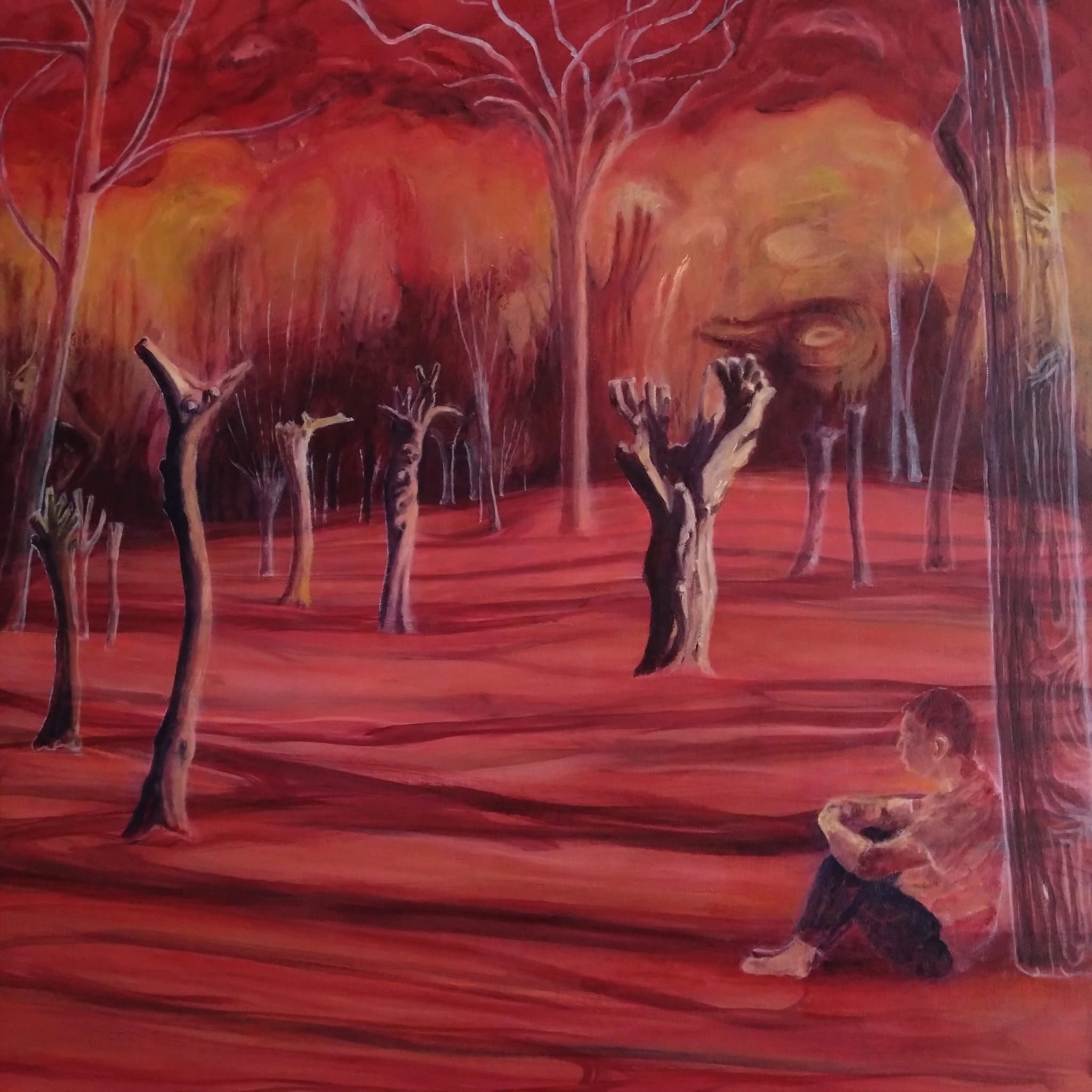 Re-imagined expressionist view of woodland with seated figure in the foreground.