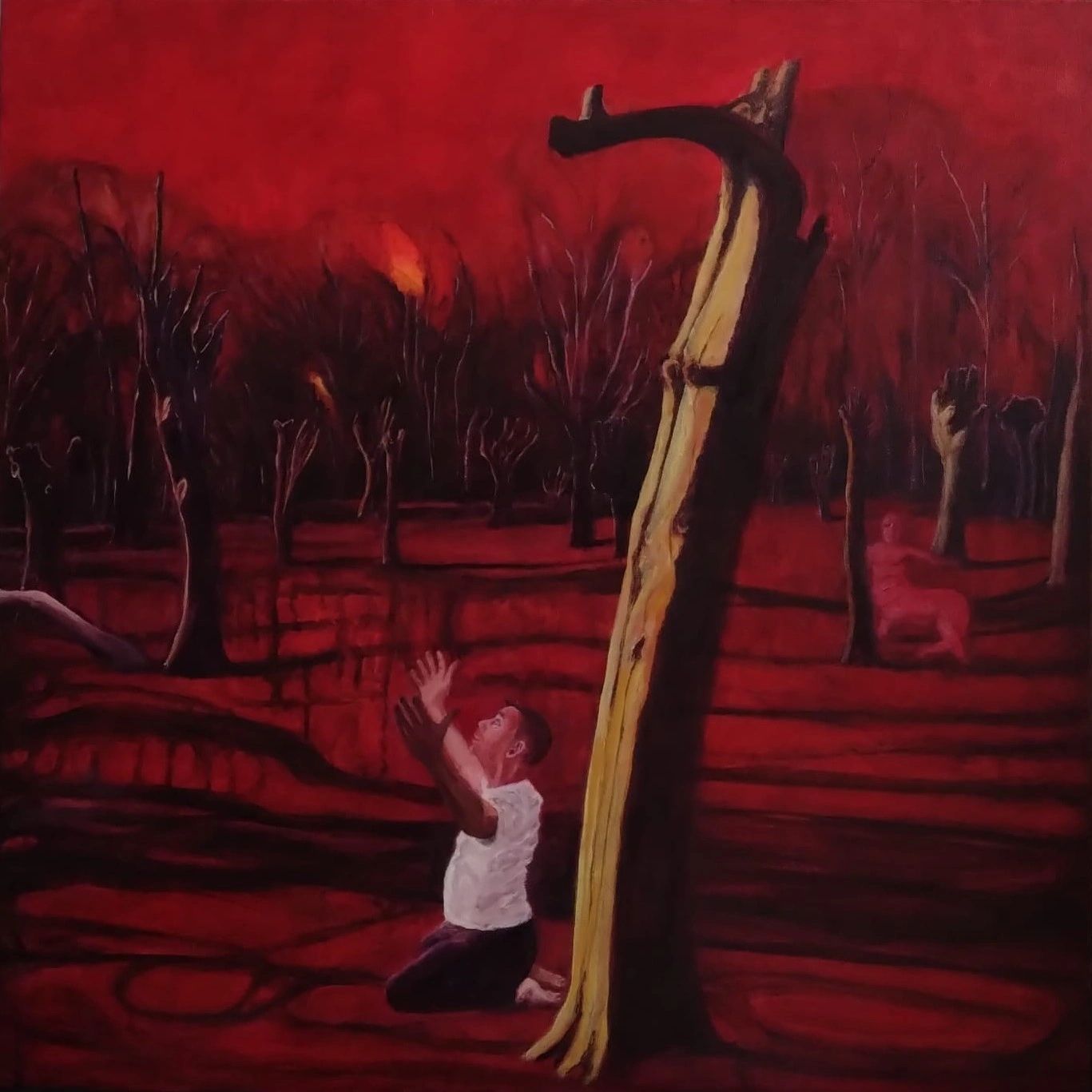 Re-imagined expressionist view of forest with kneeling figure in the foreground.