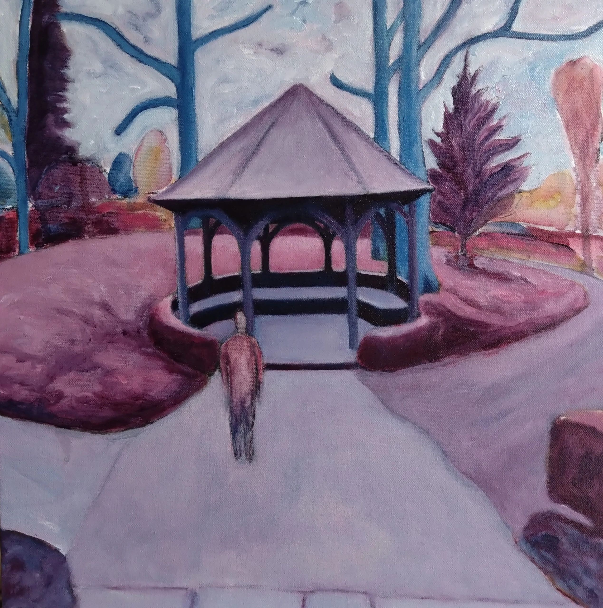 Landscape with ghost-like figure gazing at a band stand based on images of day out at Hever Castle.
