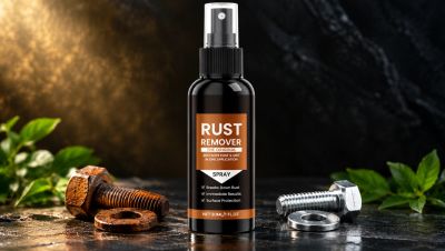 Rust remover spray bottle between rusty and clean bolts.