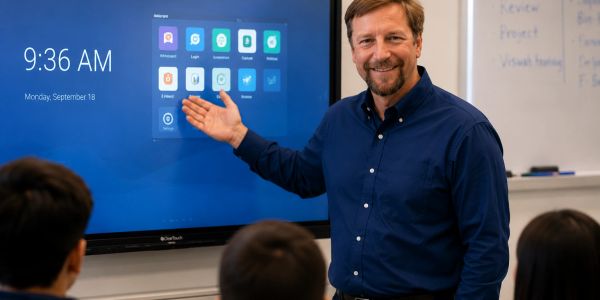 Teacher presenting digital screen to students.