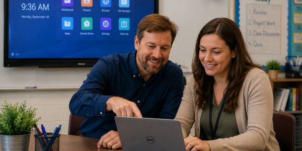 Two colleagues collaborating on a laptop in an office.