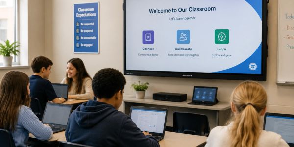 Students working on laptops in a classroom with digital display.
