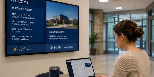 Woman working on laptop in a modern lobby with event board.