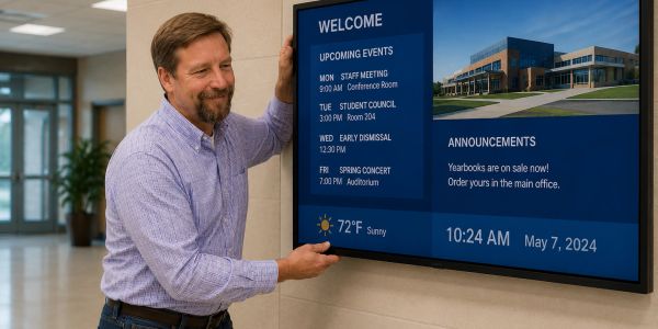 Man pointing to a digital display board with announcements and weather.