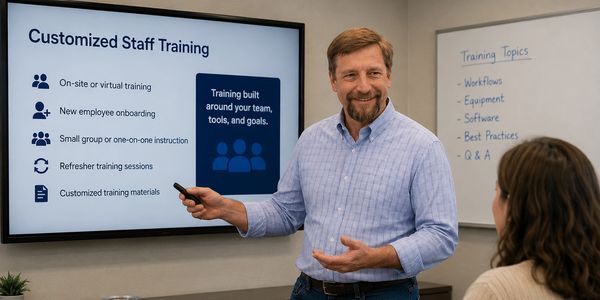 Man presenting staff training in a meeting room.