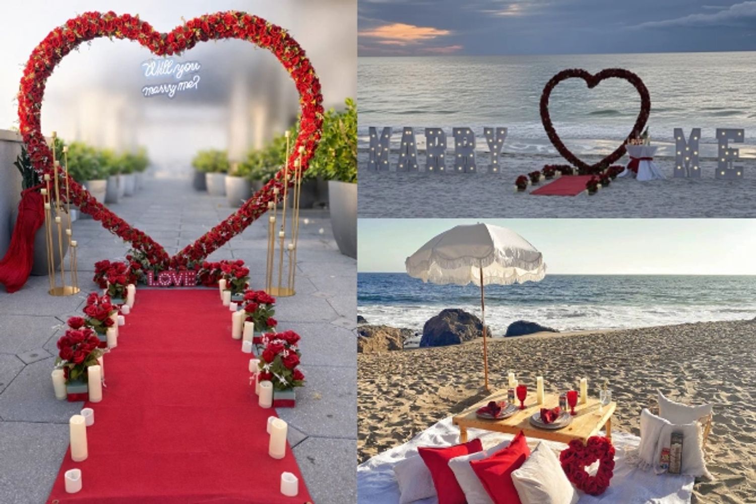 Elegant beach picnic setup with flowers, wine, and cozy cushions on the sand at sunset.