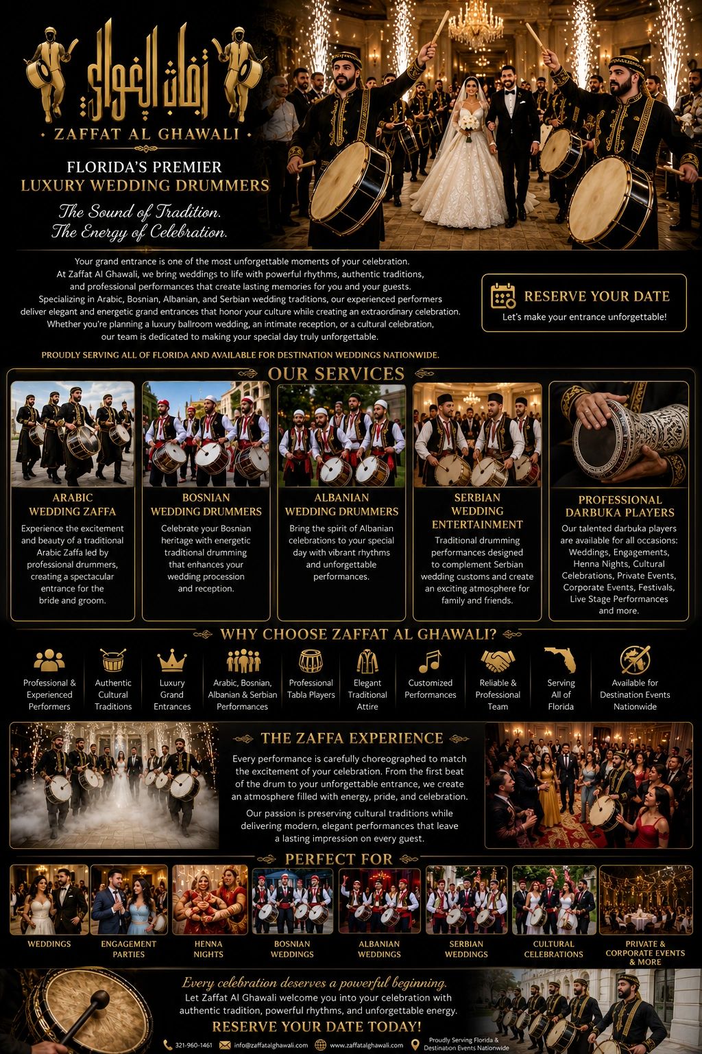 Advertisement for Zaffat Al Ghawali luxury wedding drummers in Florida.
