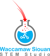 Waccamaw Siouan STEM Studio logo, star falling into round-bottom flask.
