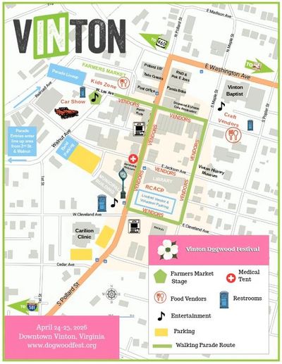 Map of Vinton Dogwood Festival showing vendors, parade route, and amenities.