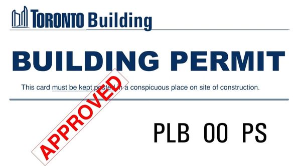 Toronto Building Permit with an approved stamp and permit number.