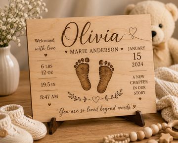 Wooden birth announcement plaque with baby details and footprints.