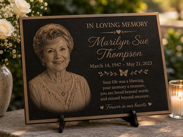 Memorial plaque honoring Marilyn Sue Thompson with photo and heartfelt message.