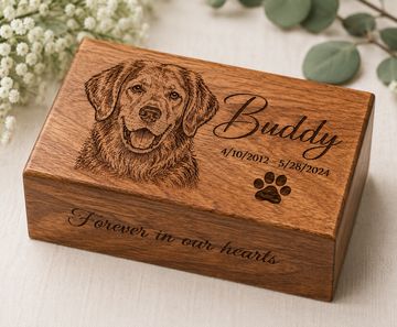 Wooden memorial box with dog's portrait and dates, inscribed with loving words.