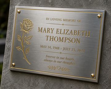 Memorial plaque for Mary Elizabeth Thompson with dates and a rose engraving.