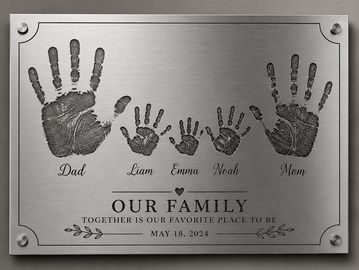 A metal plaque with handprints and family names, celebrating unity.