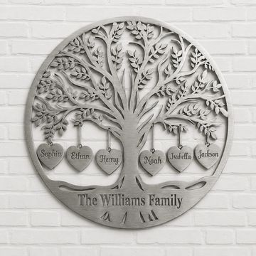 Decorative metal family tree wall art with names and family title.