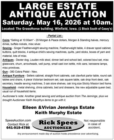 Advertisement for a large estate antique auction in Winfield, Iowa, on May 16, 2026.