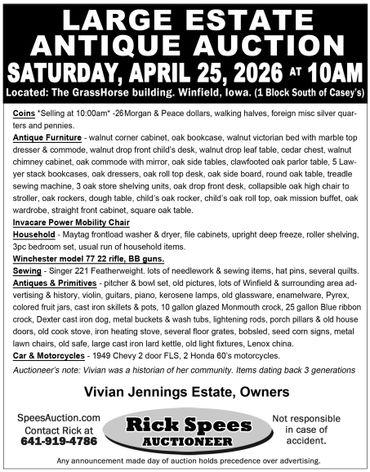 Advertisement for a large estate antique auction in Winfield, Iowa on April 25, 2026.