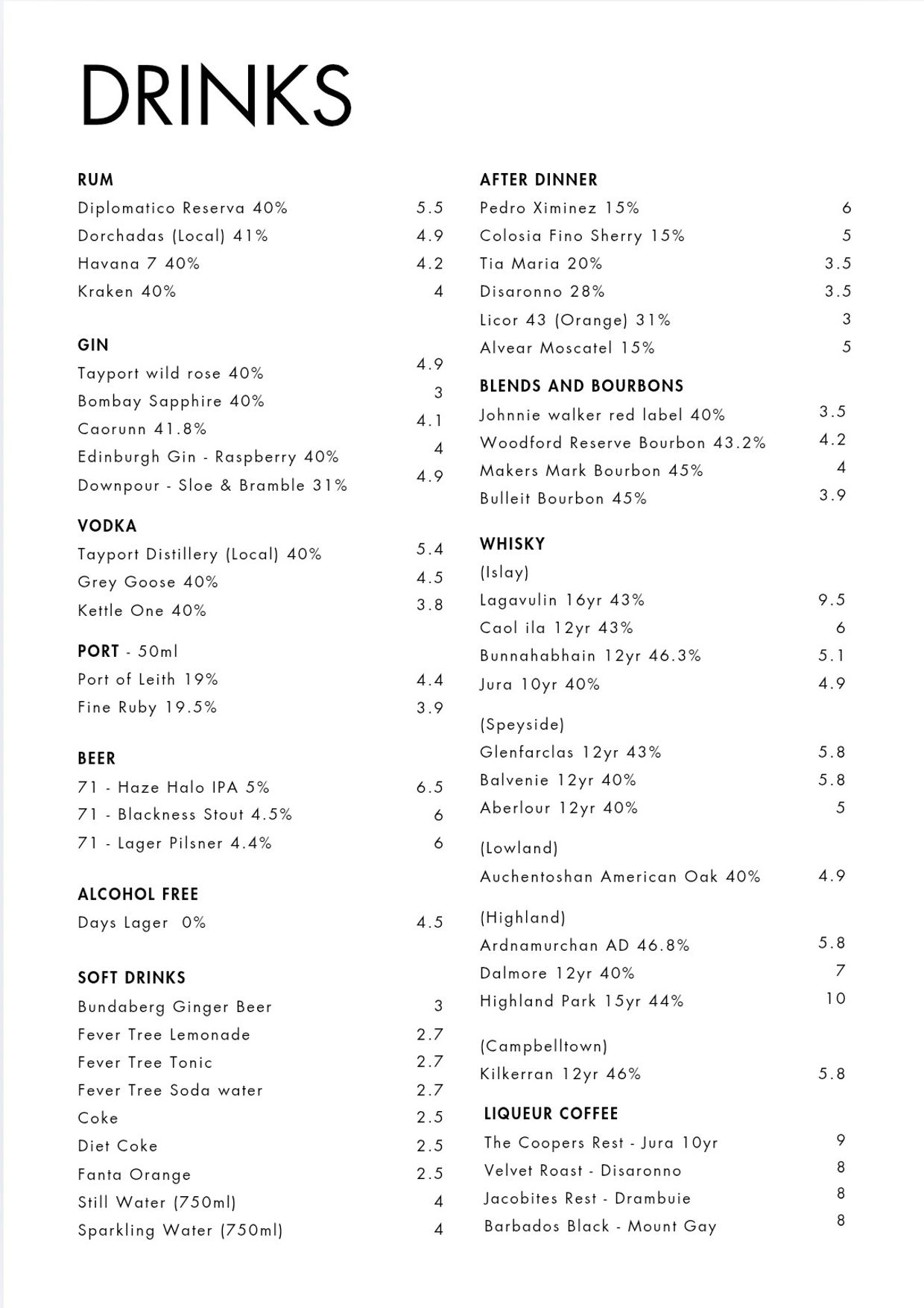 Menu listing various alcoholic and non-alcoholic drinks with prices.