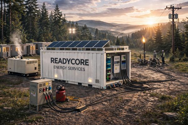 Energy services container with solar panels in forest at sunset.
