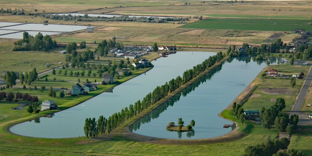 Aerial view of Water Ski Mania and No Wake Lake which are 2 lakes, 2 miles north of Helena, Montana.