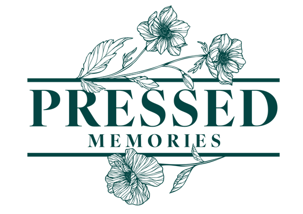 Elegant floral logo with the text 'Pressed Memories'.