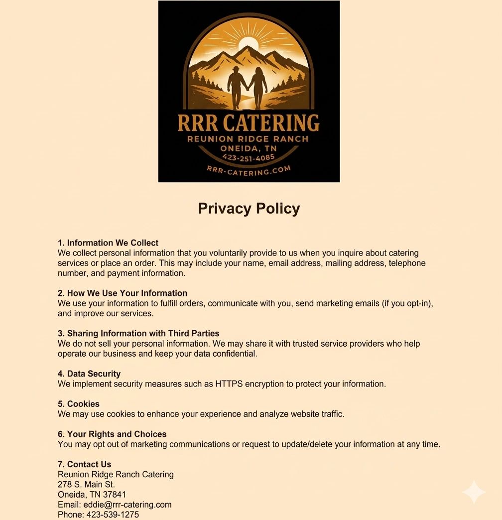 Logo and privacy policy of RRR Catering with contact details.