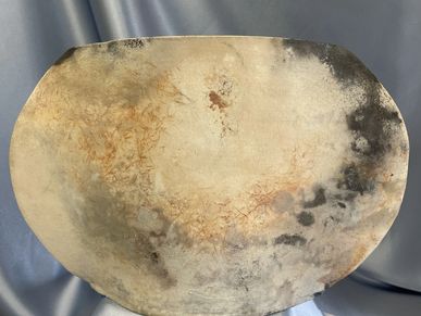Oval-shaped, weathered stone with mixed beige and dark gray tones.