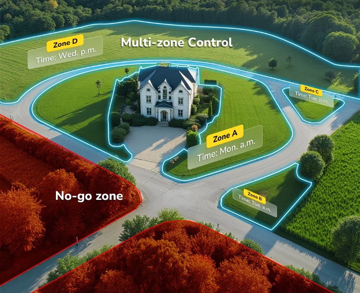 A house with multi-zone control areas marked around it, including no-go zones and specific time zones.