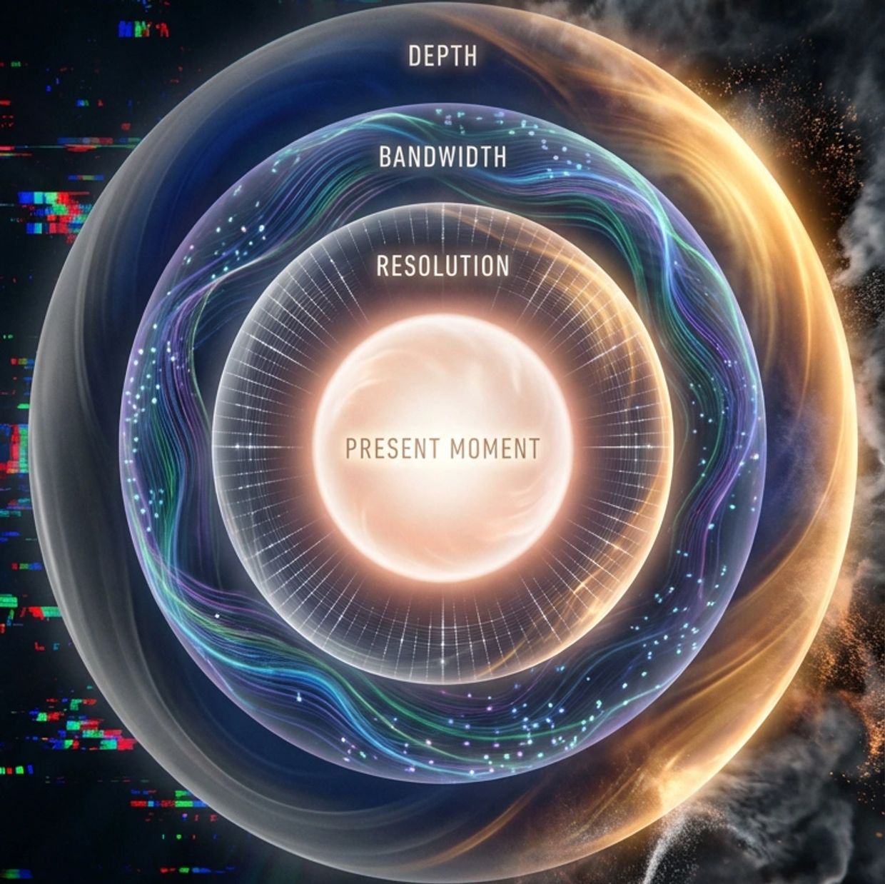Glowing concentric spheres labeled Present Moment, Resolution, Bandwidth, and Depth.
